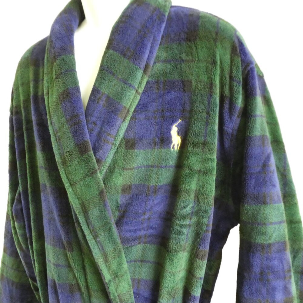 Polo Ralph Lauren Men's Luxurious Robe Blackwatch Plaid Plush Microfiber Pony SM